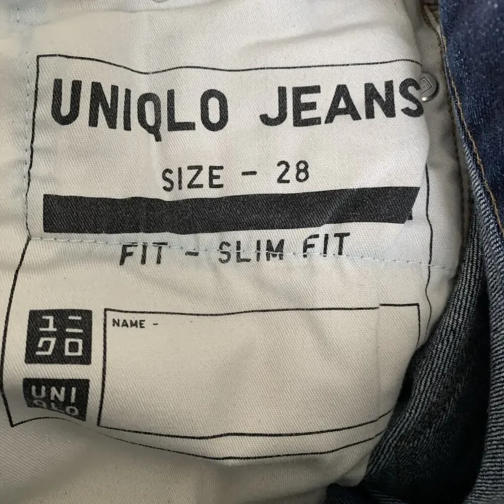 Uniqlo Jeans Mens 28x27 Slim Fit Distressed Dark Blue Denim